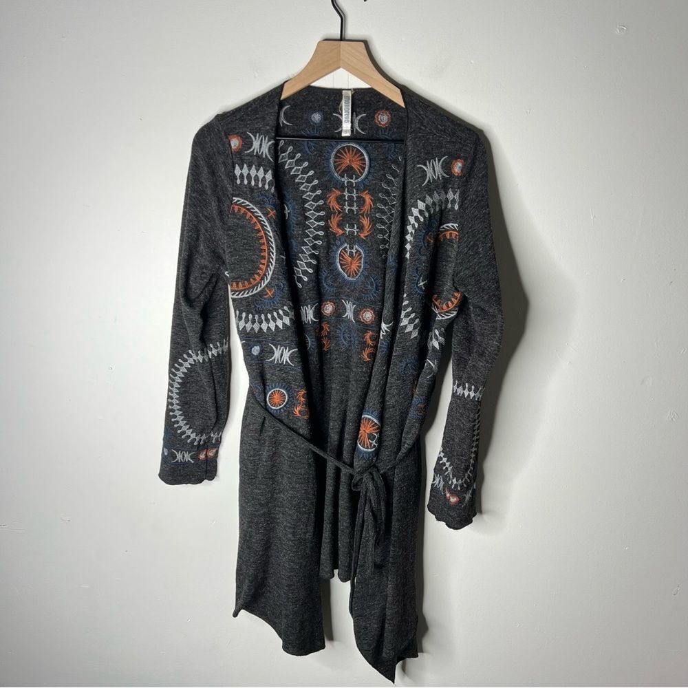 Monoreno Dark Gray Celestial Embroidered Cardigan Long Line Tie Waist Small